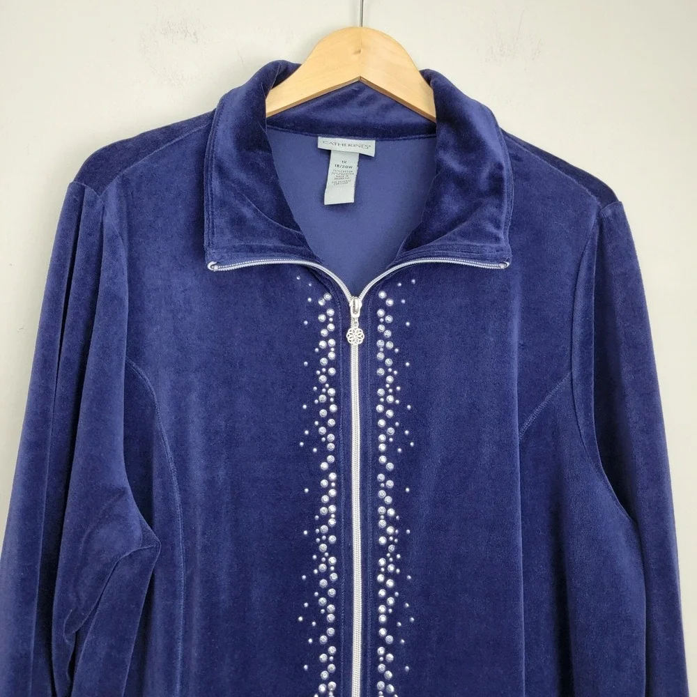 Catherine's Jacket Blue Size 1X Full Zip Velvet Long Sleeve Plus Size Pockets‎